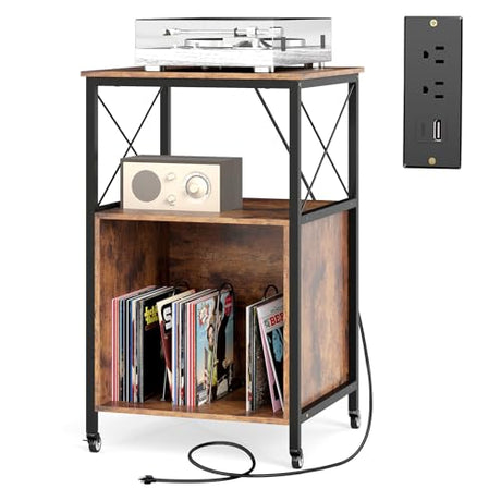 LOKO 3-Tier Rolling Record Player Stand, Mobile Turntable Stand with Power Outlet, Open Shelf & Dividers, Metal Frame, Industrial Vinyl Record Storage Table on Wheels for Living Room, Bedroom LOKO