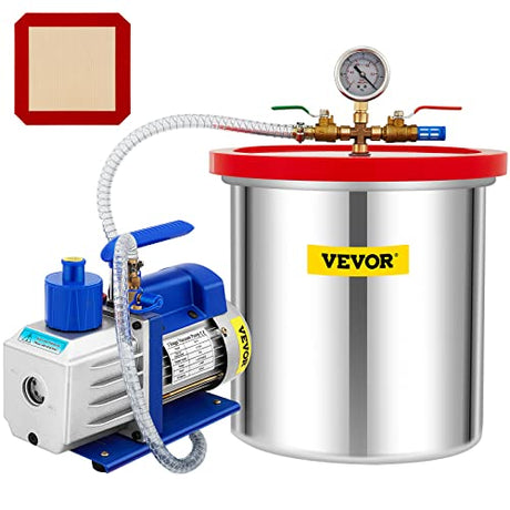 VEVOR Vacuum Chamber with Pump, 5 Gallon Chamber, 5 CFM 1/3 HP Single Stage Rotary Vane Vacuum Pump, 110 V HVAC Air Tool Set for Stabilizing Wood, Degassing Silicones, Epoxies and Essential Oils VEVOR