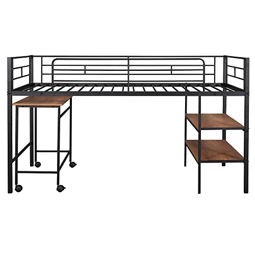Harper & Bright Designs Twin Loft Bed Low Loft Bed Frame with Storage Shelves and Movable Table with Wheels, Metal Low Loft Beds Small Room/Low Ceiling Bedroom with Guardrail and Ladder, Black Harper & Bright Designs