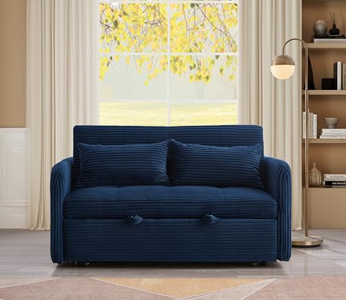 N NOORDENIYA 55.5" Corduroy Convertible Sofa Bed, Pull Out Sleeper Sofa Bed, Loveseat Couch with USB Charging Ports, 3 in 1 Convertible Sleeper Sofa Bed for Living Room, Apartment, Bedroom, RV, Blue N NOORDENIYA
