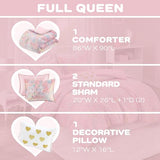 Intelligent Design Queen Comforter Set, 4 Piece Metallic Hearts Bedroom Set for Girls, Queen Bed Set Soft Plush Comforter, Rosalie All Season Fluffy Bedding Set, Full/Queen, Pink Multi/Gold 4 Piece Intelligent Design