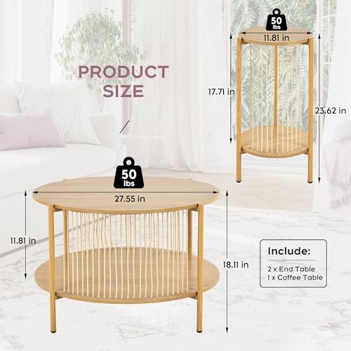 Brafab 4-Piece Living Room Table Set, 60" Boho TV Stand with Hand-Woven Ropes, Round Rattan Coffee Table & 2 Side Tables Brafab