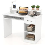 IFANNY Computer Desk with Drawers, Study Table with Storage Shelves, Keyboard Tray, Power Outlet, Wood Makeup Vanity Table, Small Desk for Bedroom, Study, Living Room, Home Office (White, 35.5''H) IFANNY