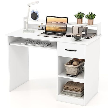 IFANNY Computer Desk with Drawers, Study Table with Storage Shelves, Keyboard Tray, Power Outlet, Wood Makeup Vanity Table, Small Desk for Bedroom, Study, Living Room, Home Office (White, 35.5''H) IFANNY