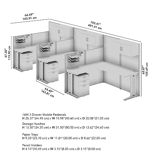 Bush Business Furniture Office in an Hour 3 Person L Shaped Cubicle Desks with Storage, Drawers, and Organizers in Hansen Cherry | Triple Workstation Set with Privacy Panels for Commercial Workspace Bush Business Furniture