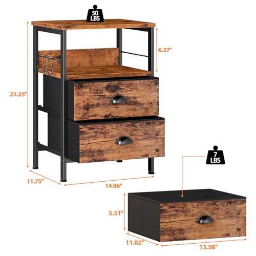 Furologee Rustic Brown Nightstands Set with 2 Fabric Drawers and Hooks - WoodArtSupply