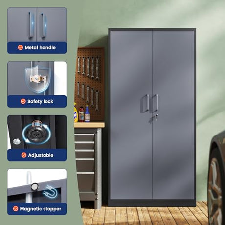 Yizosh Metal Storage Cabinet with Locking Doors and 5 Adjustable Shelves, 72" Garage Storage Cabinet Steel Lockable for Office,Home,Garage Yizosh