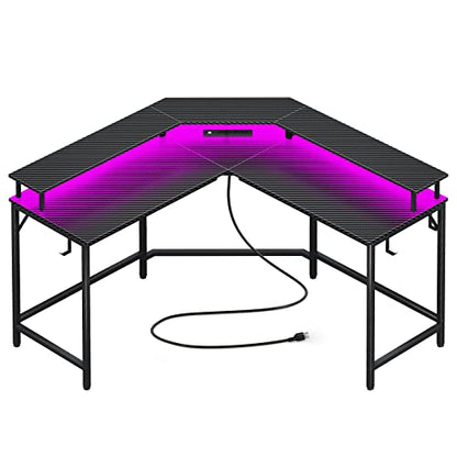 Huuger L Shaped Gaming Desk with Power Outlets & LED Lights, Computer Desk with Monitor Shelves, Carbon Fiber Surface, Home Office Desk, Corner Gaming Desk with Hooks, Carbon Fiber Black，7054 - WoodArtSupply