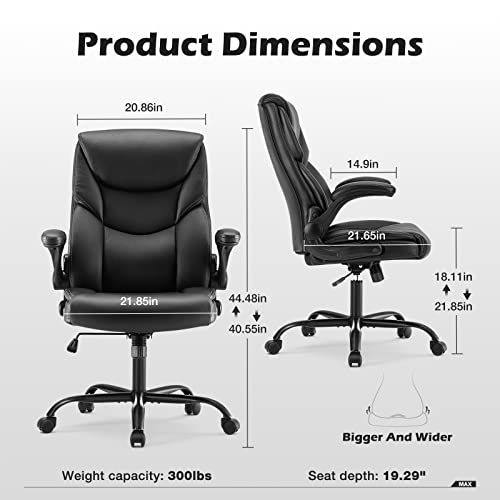DUMOS Office Chair - Ergonomic Executive Computer Desk Chairs with Adjustable Flip-up Armrest, Swivel Task Chair with Lumbar Support, Strong Metal Base, PU Leather, Black DUMOS