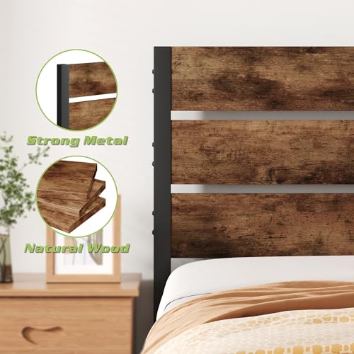 Foredawn Rustic Brown Queen Bed Frame with Wooden Headboard, Metal Platform and Under-Bed Storage - WoodArtSupply