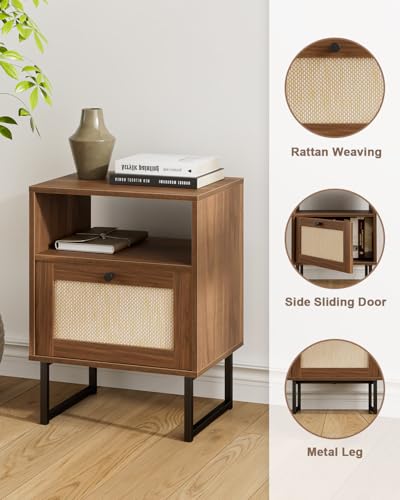 Apetaccat Rattan Nightstand, Boho Night Stand Farmhouse Wood Bedside Table with Storage and Open Shelf, End Side Accent Table for Bedroom,Living Room,Walnut Apetaccat