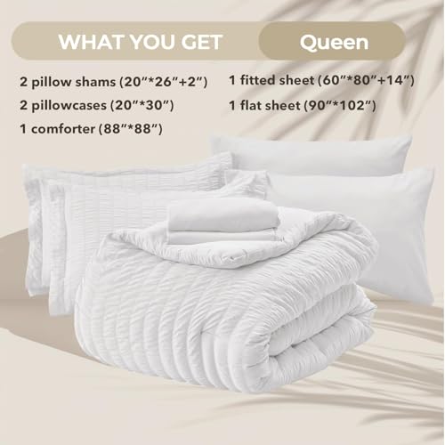 HYMOKEGE White Queen Comforter Set Seersucker 7 Pieces, All Season Luxury Bed in a Bag for Bedroom, Bedding Set with Comforters, Sheets, Pillowcases & Shams HYMOKEGE