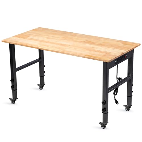 GVGBUK 48" Height Adjustable Workbench, 2000 LBS Load Capacity Rubber Wood Top Workstation, Heavy-Duty Hardwood Worktable for Garage Workshop (with Wheels and Socket,48'') GVGBUK