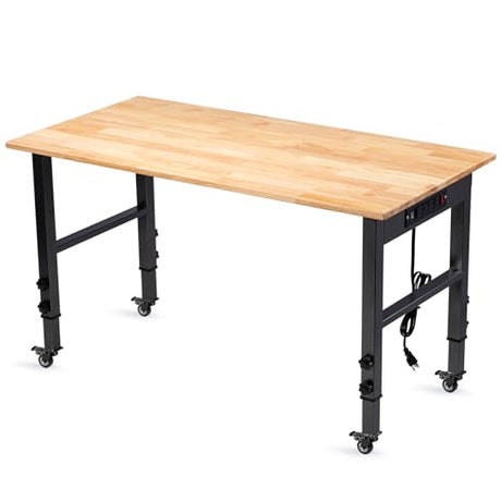 GVGBUK 48" Height Adjustable Workbench, 2000 LBS Load Capacity Rubber Wood Top Workstation, Heavy-Duty Hardwood Worktable for Garage Workshop (with Wheels and Socket,48'') GVGBUK