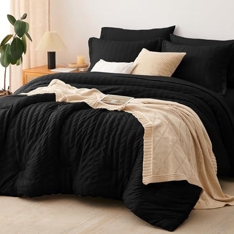 CozyLux Queen Comforter Set Black Seersucker 7 Pieces Bed in a Bag Queen Comforter Set with Sheets, Luxury Soft Bedding Set with Down Alternative Comforter, Sheets, Pillowcases & Shams for All Seasons CozyLux
