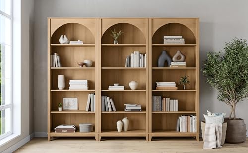 Prepac Ark 78" Tall 5-Tier Arched Bookcase in Natural Oak Veneer, Modern Storage Accent Bookshelf with 3 Adjustable Shelves for Home, Office, Living Room, Bedroom 78”H x 32”W x 13”D Prepac