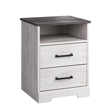 Prepac Rustic Ridge Farmhouse Nightstand with 2 Drawers and an Open Cubby, Wooden Bedside Table for Bedroom, Office, or Living Room, 16.25in x 18.75in x 24.5in, Washed White Prepac