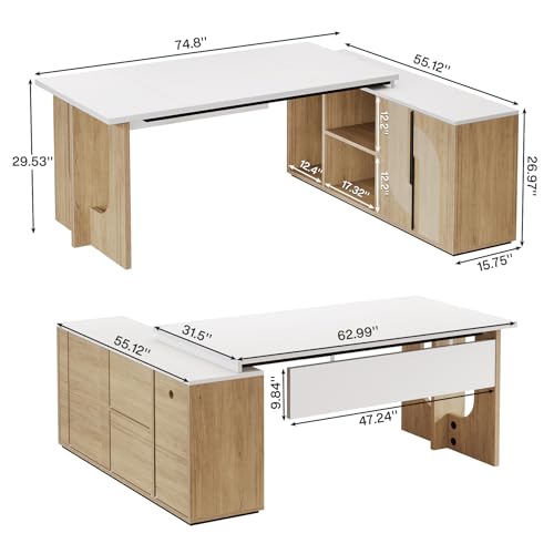 Tribesigns 74.8 Inch Executive Desk, Large Office Desk with Cabinet, L Shaped Computer Desk with Shelves and CPU Storage, Modern Home Office Desks Business Furniture Workstation Set, White and Wood Tribesigns