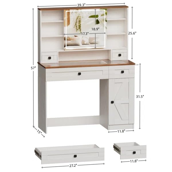 PakaLife Makeup Vanity Desk with Sliding Mirror and Lights, Glass Tabletop White Vanity Table with Charging Station, Bedroom Dressing Table with 2 Drawers & 1 Cabinet, 3 Color Lighting Modes, - WoodArtSupply