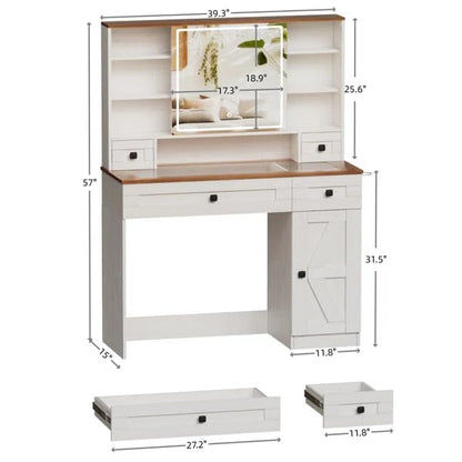 PakaLife Makeup Vanity Desk with Sliding Mirror and Lights, Glass Tabletop White Vanity Table with Charging Station, Bedroom Dressing Table with 2 Drawers & 1 Cabinet, 3 Color Lighting Modes, - WoodArtSupply