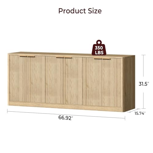Evermagin 67" Fluted Oak Buffet Cabinet Sideboard with Storage, Large Credenza with 6 Doors, Wood Mid Century Modern Sideboard for Kitchen and Living Room (67"*31.5"*15.7") Evermagin