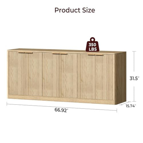 Evermagin 67" Fluted Oak Buffet Cabinet Sideboard with Storage, Large Credenza with 6 Doors, Wood Mid Century Modern Sideboard for Kitchen and Living Room (67"*31.5"*15.7") Evermagin