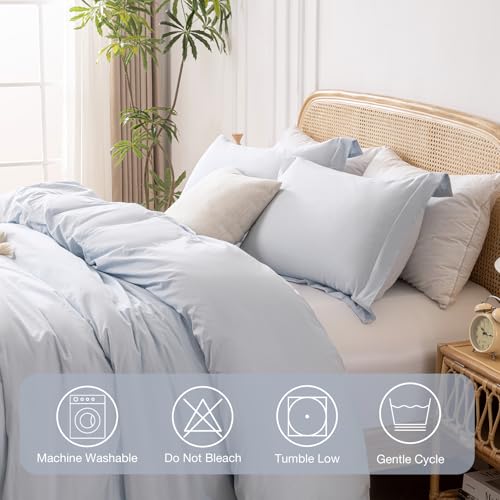 Yibeizi Light Blue 100% Washed Cotton Linen Like Duvet Cover Set Full Size, 3 Pieces, 1 Duvet Cover 80x90 Inches and 2 Pillow Shams, Soft Breathable Comforter Covers Zipper Closure Yibeizi