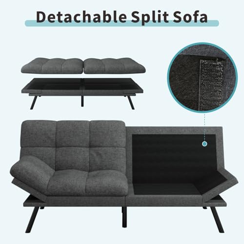 MUUEGM 71" Futon Sofa Bed, Comfortable Memory Foam Futons Sofa with Adjustable Backrest & Armrests, Convertible Loveseat Futon Bed for Compact Living Room, Apartment, Office, Medium Grey MUUEGM
