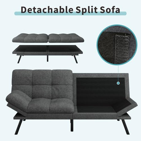 MUUEGM 71" Futon Sofa Bed, Comfortable Memory Foam Futons Sofa with Adjustable Backrest & Armrests, Convertible Loveseat Futon Bed for Compact Living Room, Apartment, Office, Medium Grey MUUEGM