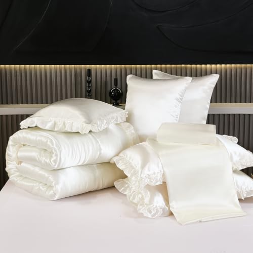 Silk Like Satin Comforter Set with Sheet Set Queen 8 Pcs White Satin Bedding Set Silky Ruffle Pattern Home Deocr Luxury Hotel Silky Bed in a Bag with 1 Cushion Cover Bedding_Dreamer