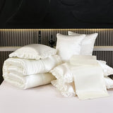 Silk Like Satin Comforter Set with Sheet Set Queen 8 Pcs White Satin Bedding Set Silky Ruffle Pattern Home Deocr Luxury Hotel Silky Bed in a Bag with 1 Cushion Cover Bedding_Dreamer