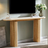OKD 63 Inch Modern Console Table with Arc Faux Marble Texture Top, Fluted Wood Base, Contemporary Entryway Sofa Table for Living Room, Hallway, Foyer, Natural Oak OKD