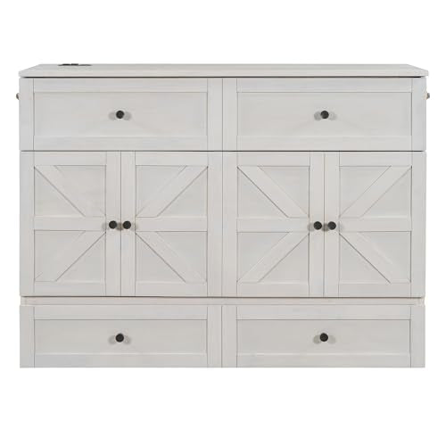 YOPTO Full Size Murphy Bed Chest,Folding Storage Wall Bed with Large Drawers,USB Ports & 2 Three-Prong Outlets,Hidden Cabinet Platform Bed W/Wood Slats Support,for Bedroom,Guest Room,Brushed White YOPTO