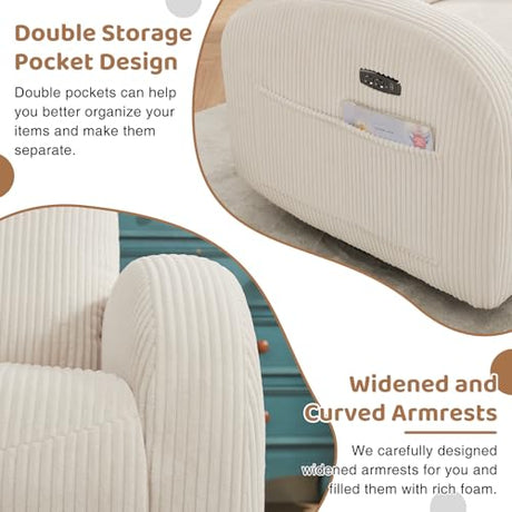 AEMEIOS Power Nursery Glider Recliner, Swivel Glider Recliner with USB & Type-C Port, Swivel Reclining Nursery Rocker with Double Pockets for Living Room, White,Corduroy AEMEIOS