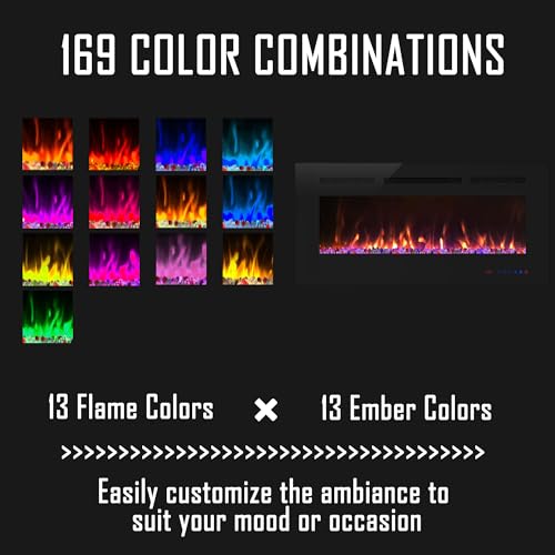 Cheerway 42 inch Electric Fireplace with Heater, Wall Mounted & Recessed Electric Fireplace Insert, Linear Wall Fireplace w/Thermostat, 13×13 Flame Color, Remote & Touch Control w/Timer, 750W/1500W Cheerway