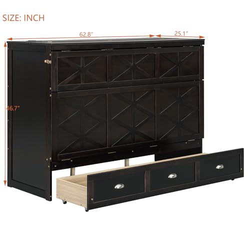 TCMILA Queen Size Murphy Cabinet Bed with Large Storage Drawers and USB, Foldable Murphy Bed Frame with Wood Slat Support, Space Saving, for Kids Boys Girls Adults, Espresso TCMILA