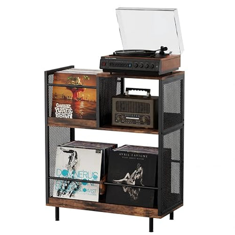 KirKical;3-Tier Record Player Stand with Vinyl Storage Holds Up to 250 Albums, Record Display Table Cabinet with Adjustable Divider for Turntable Stand, Vintage Wood KirKical