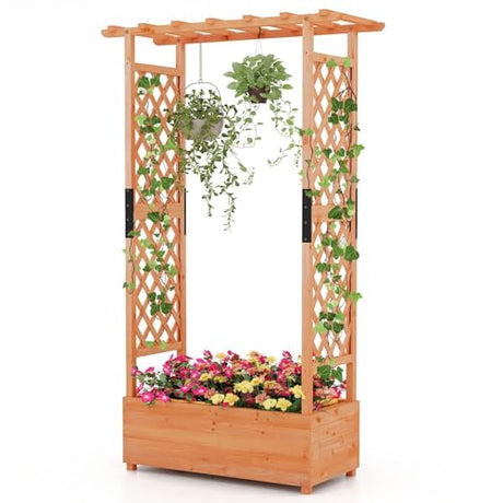 LDAILY Moccha Raised Garden Bed with Trellis, Wood Garden Planter with Hanging Roof, Drainage Holes, Freestanding Elevated Planter Box for Climbing Plants, Vines, Flowers, 43.5" x 17.5" x 72" LDAILY