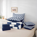 Erosebridal White Blue Plaid Full Comforter Set with Sheets 7 Piece Navy Blue Checkerboard Bedding Set for Kids Boys Teen,Checkered Grid Bed in A Bag Modern Aesthetic Geometric Bed Set Erosebridal