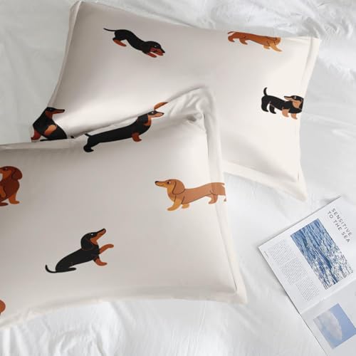 Zzzboro Comforter Set with 2 Pillowcases Queen Size, Cute Happy Dachshund Dog Puppy, Bedding Decor Cartoon Animal Pug Geometric Brown for Kids and Adults, Soft Cozy Bedroom Bed Set Zzzboro