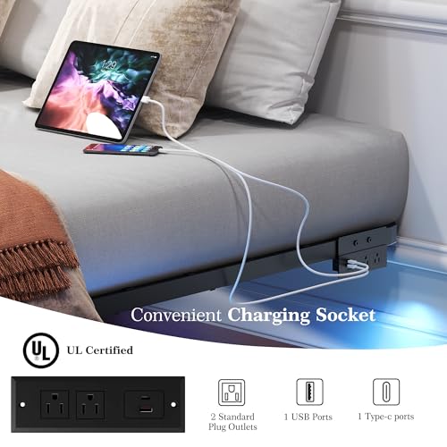 FSJianYi Queen Size Floating Bed Frame with LED Lights & Charging Station - Modern Sturdy Metal Platform Bed, Mattress Gaskets, Noise-Free, No Box Spring Needed, Quick Easy Assembly FSJianYi