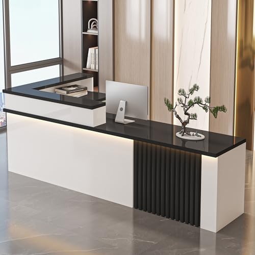 L Shaped Reception Desk with Counter, Office Front Desk Reception Counter with Lockable Drawer, Retail Checkout Modern Computer Workstation for Clothing Store Beauty Salon, SOHO, Shop Generic