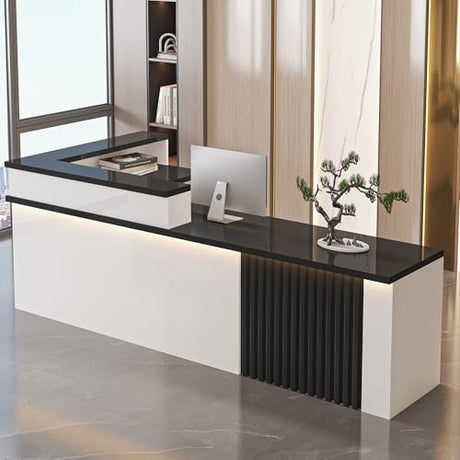 L Shaped Reception Desk with Counter, Office Front Desk Reception Counter with Lockable Drawer, Retail Checkout Modern Computer Workstation for Clothing Store Beauty Salon, SOHO, Shop Generic