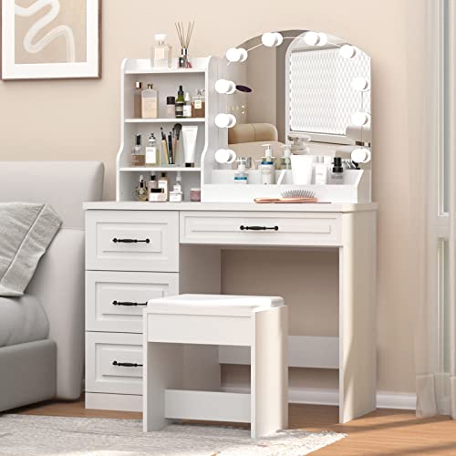 Vabches Makeup Vanity Desk with Lights and 4 Drawers, White Vanity Set Makeup Table Lots Storage, 3 Lighting Colors, Large Size 39.4in(L) Vabches