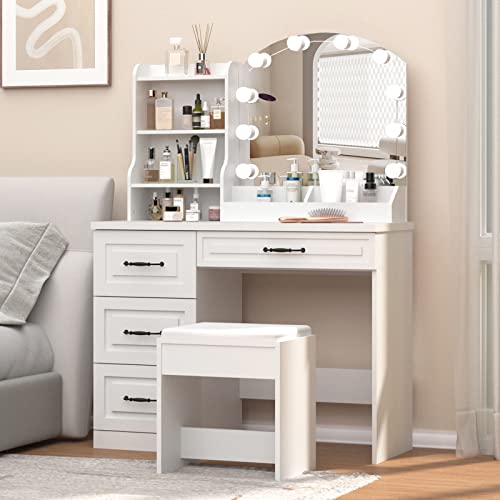 Vabches Makeup Vanity Desk with Lights and 4 Drawers, White Vanity Set Makeup Table Lots Storage, 3 Lighting Colors, Large Size 39.4in(L)