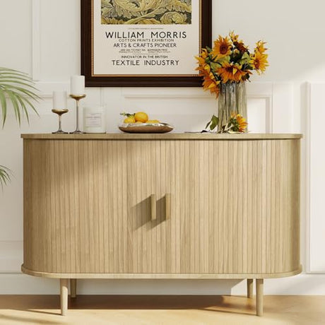 SoarTalent Fluted Sideboard Buffet Cabinet with Storage, 47" Mid-Century Modern Console Table with Sliding Doors, Wood Credenza for Dining Room, Coffee Bar Station, Light Oak SoarTalent