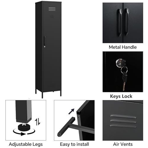 Elitehouse Tall Single Door Metal Locker with Adjustable Shelves, Black Tall Metal Locker Storage Cabinet，Easy Assembly for Living Room Bedroom （15.8”W x 15”D x 70.9”H ） Elitehouse