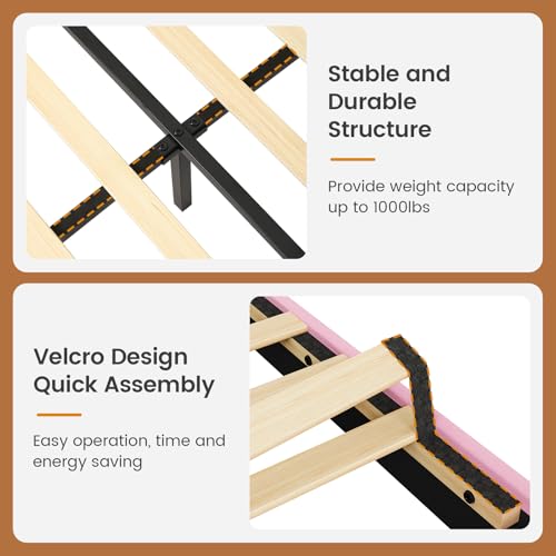 VIAGDO Pink Twin Bed Frames with LED Lights, Upholstered Platform Bed Frame Twin Size with Storage Headboard and Charging Station, LED Twin Bed Frame, No Box Spring Needed VIAGDO