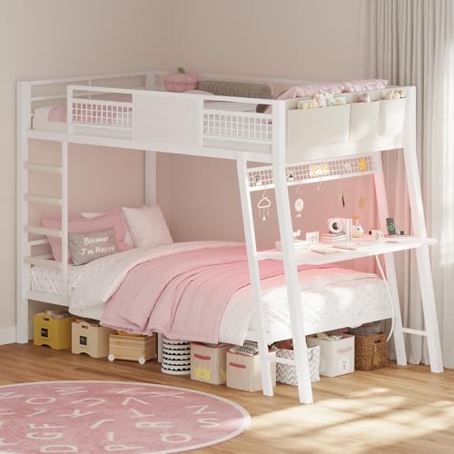 HAUOMS Bunk Bed for Small Space, Twin Over Twin Bunk Beds with Desk, Power Outlets, RGB LED Lights, Storage, Metal Beds with Safety Guardrail & Ladders, No Box Spring Needed (White, No Drawer) HAUOMS
