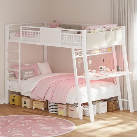 HAUOMS Bunk Bed for Small Space, Twin Over Twin Bunk Beds with Desk, Power Outlets, RGB LED Lights, Storage, Metal Beds with Safety Guardrail & Ladders, No Box Spring Needed (White, No Drawer) HAUOMS